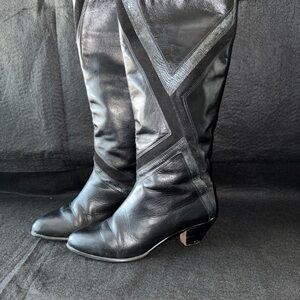 Vintage 80s Bally Italy Black Leather Pull On Tall Boots Womens Sz 5 Dimensional
